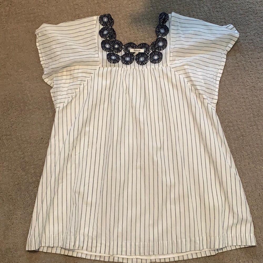 Madewell White Pinstripe Dress with Navy Crochet Neckline
